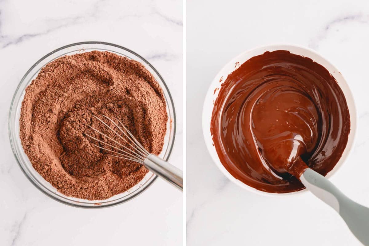 side by side images of mixed dry ingredients and melted chocolate.