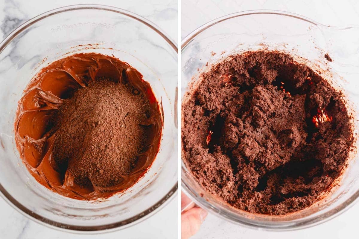 Side by side images of mixing dry ingredients into wet ingredients.