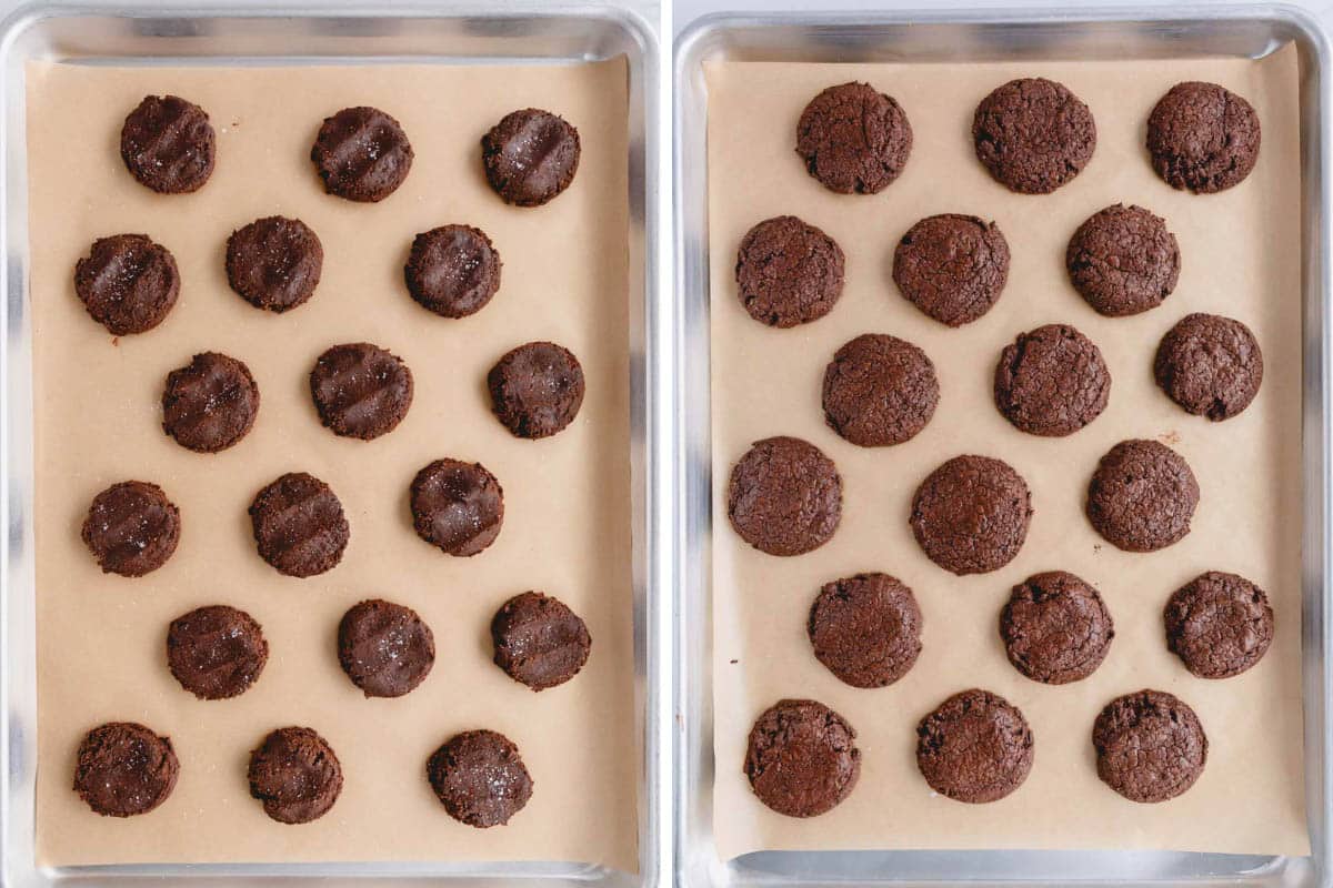 side by side images of raw and baked macaron brownie cookies arranged on a baking sheet.