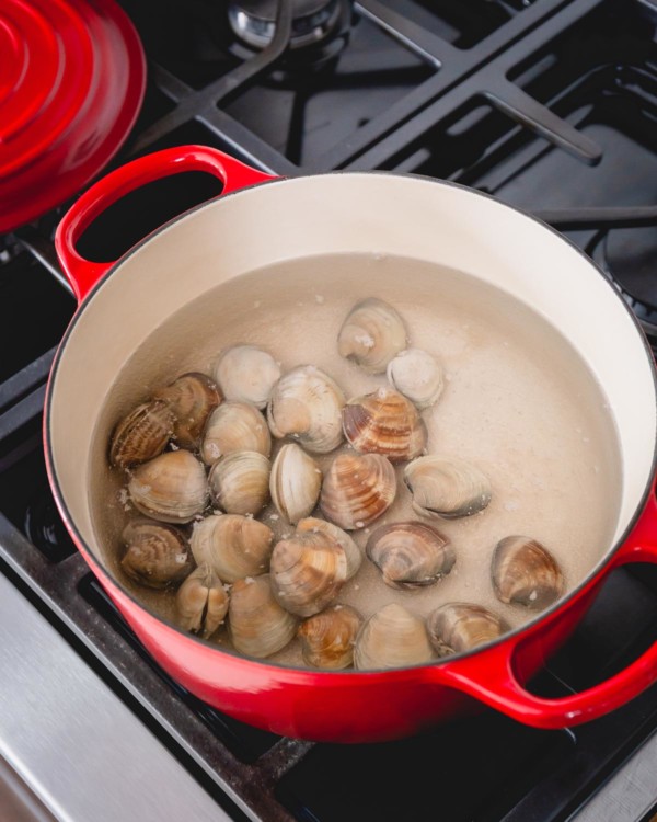 Littleneck clams in a stockpot of water on the stovetop.