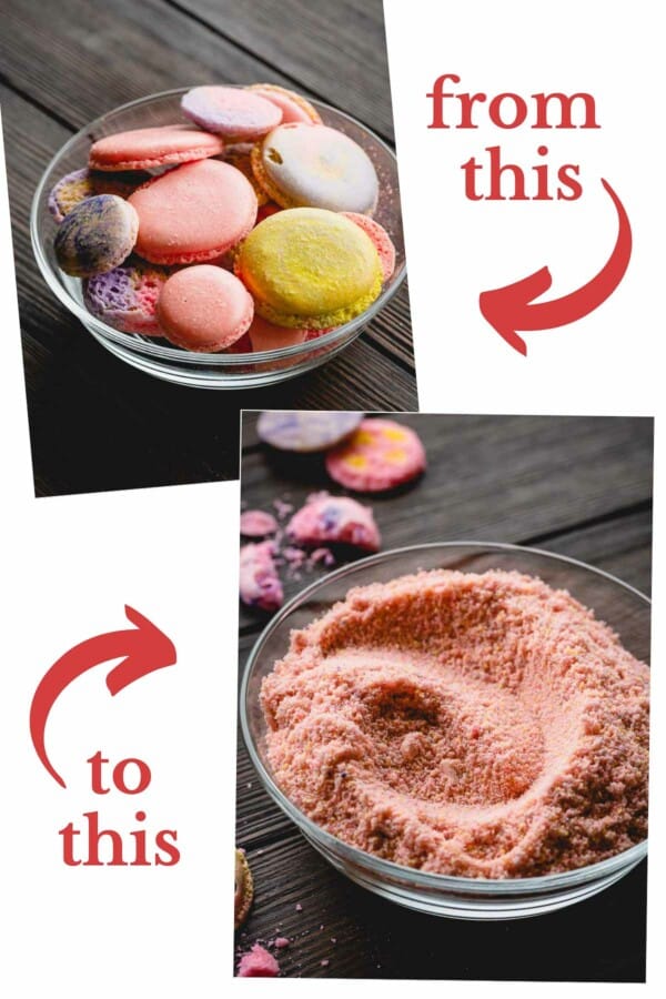2 images of whole macarons turned into macaron flour.