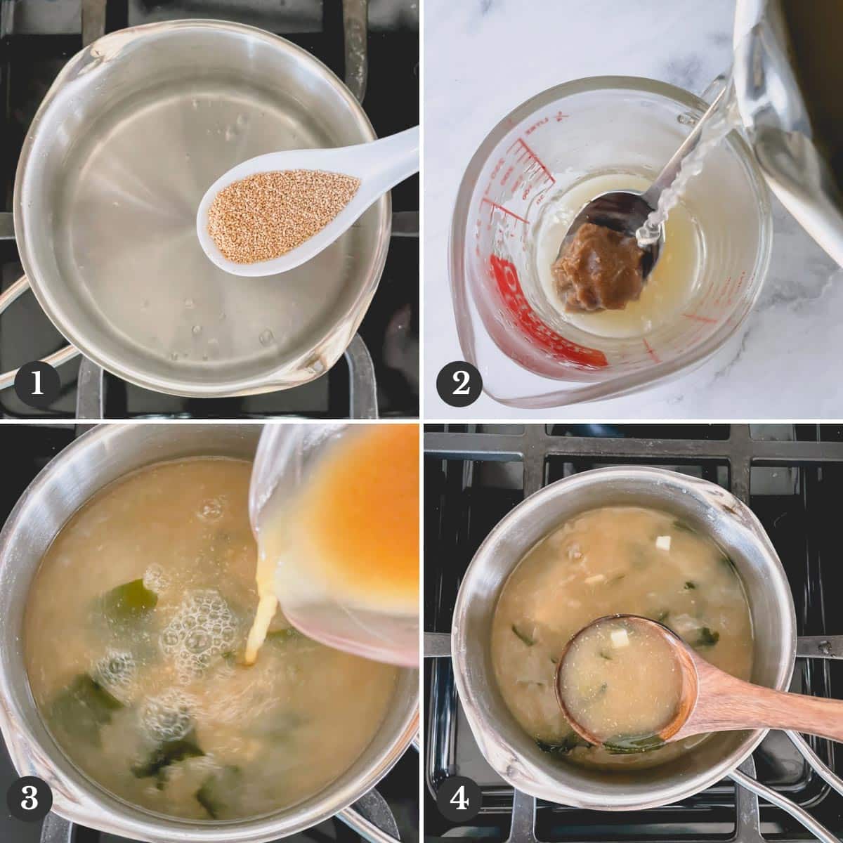 Step by step photos of making miso soup.