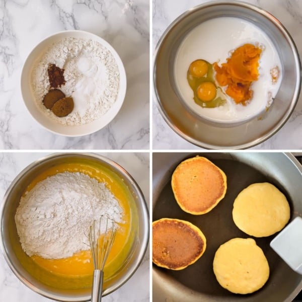 A collage of 4 photos of making pumpkin puree.