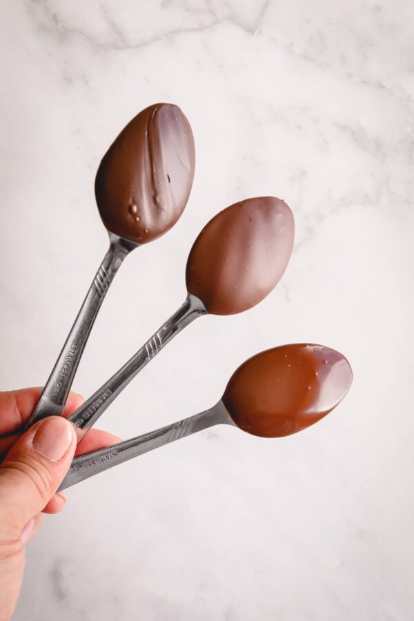 3 spoons dipped in chocolate set with different finishes.