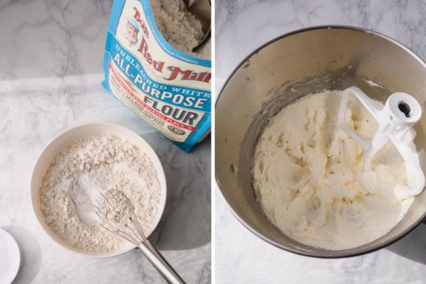 Step by step images of preparing dry ingredients and whipped butter and sugar.