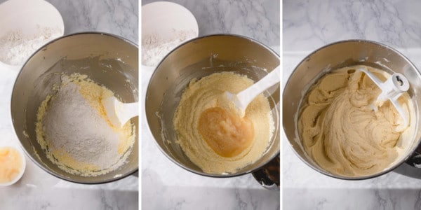 3 step by step images of making cake batter in a mixing bowl.