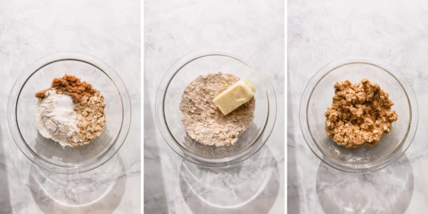 3 step by step images of making crumb topping.