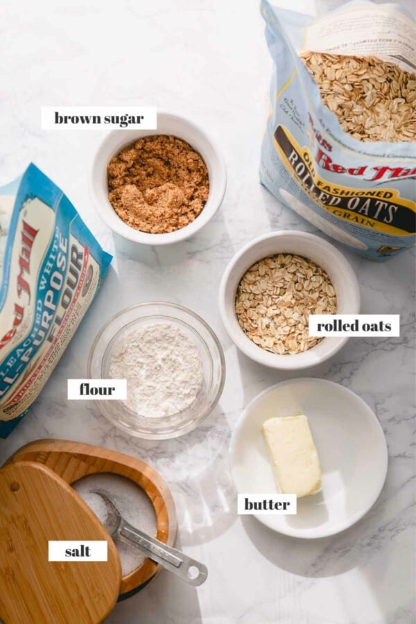Streusel topping ingredients: brown sugar, rolled oats, flour and butter.