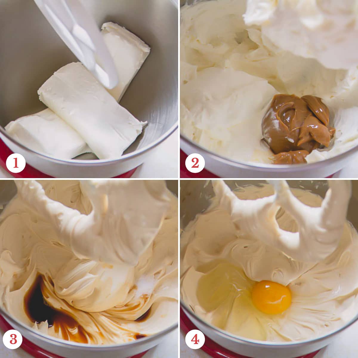 Step by step photos of making cheesecake filling.
