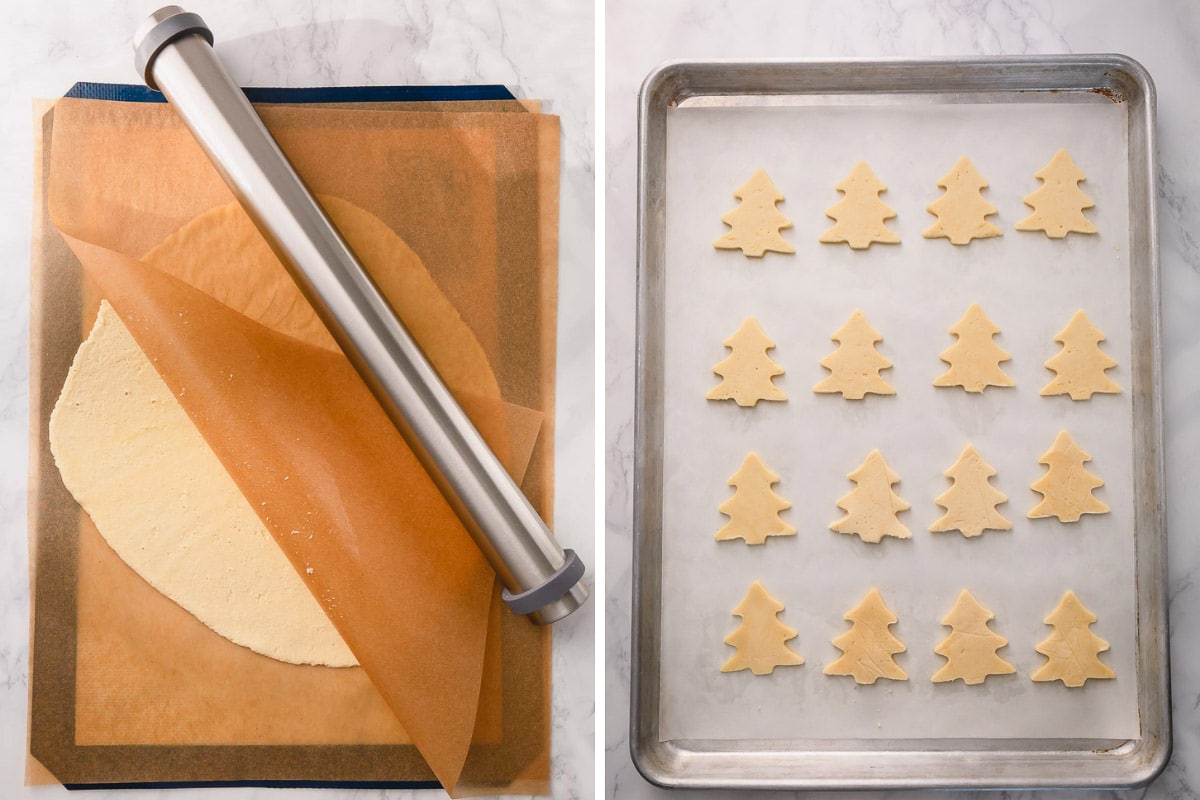 Side by side photos of rolled out sugar cookie dough and cut-out cookies.