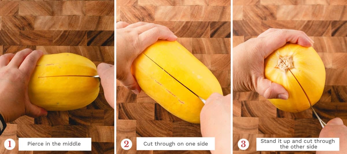 3 side-by-side images of cutting a spaghetti squash in half.