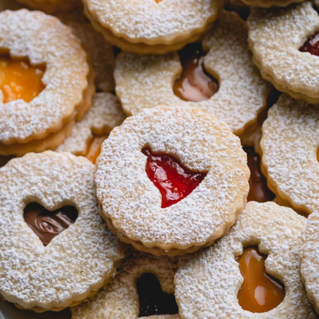 Linzer cookies filled with jam, nutella and dulce de leche.