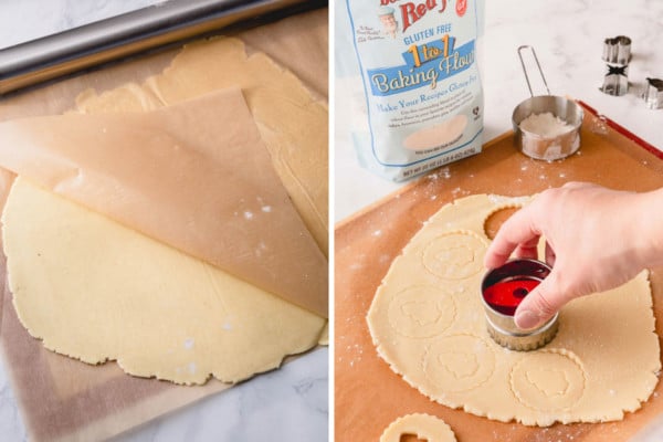 Step by step photos of shaping linzer cookies.