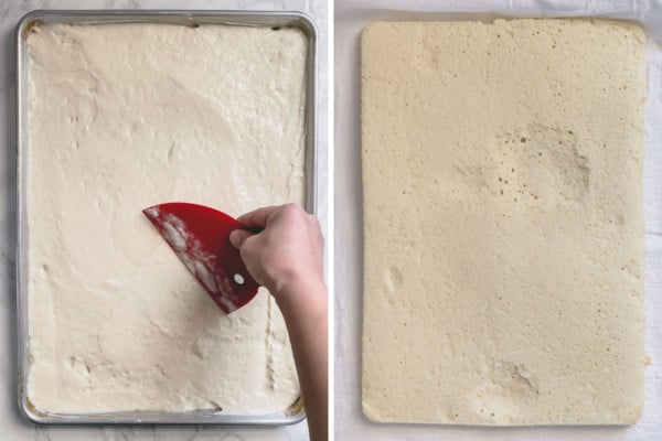 Roll cake batter in a baking sheet before and after baking.