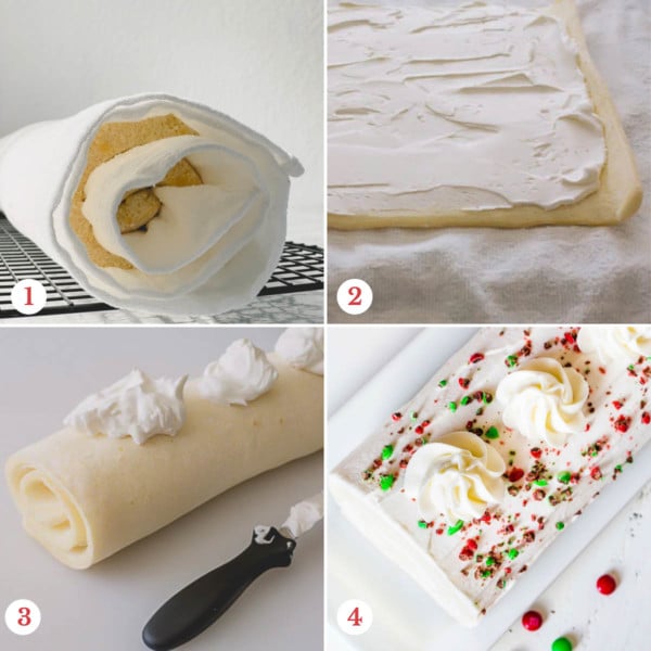 Step by step photos of filling the roll cake.