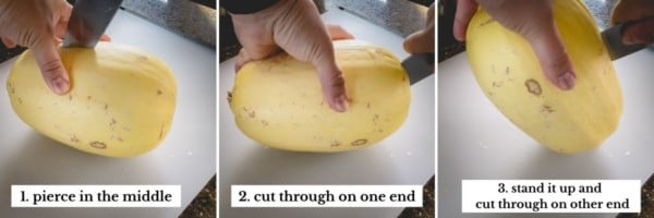 Step by step photos of cutting spaghettis squash.