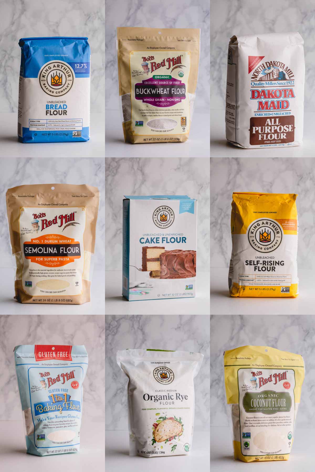 9 bag of different types of flour.