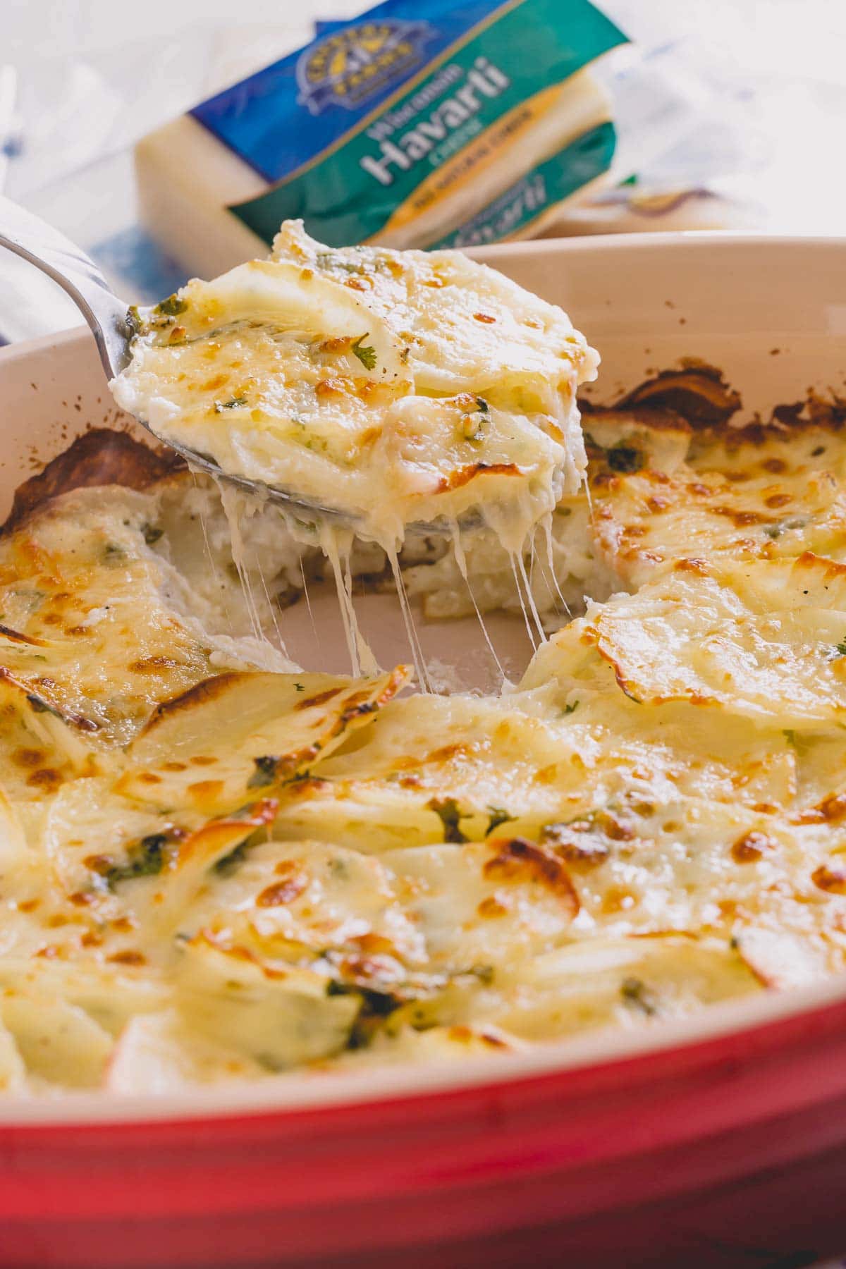 Cheesy scalloped potatoes in a casserole dish with a serving spoon taking a piece.