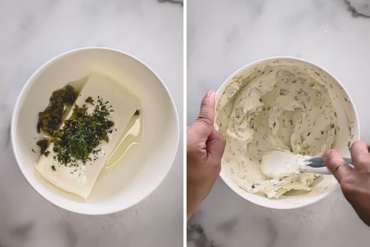 Step by step images of making cream cheese spread.