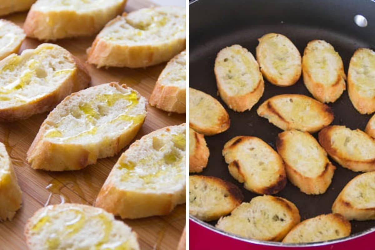 Side by side images of making crostini.