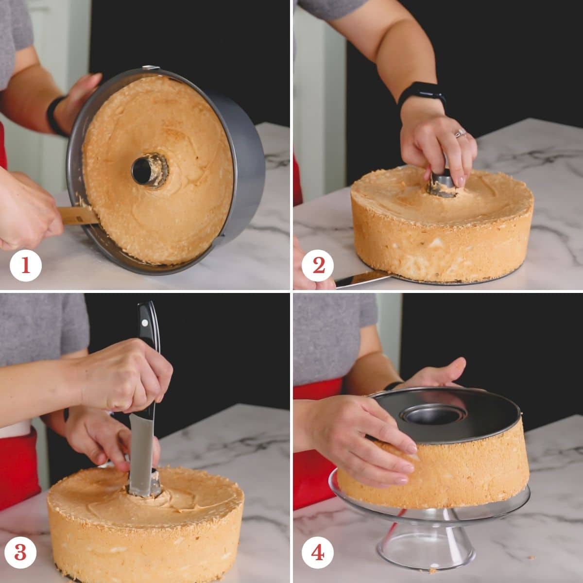 step by step photos of removing the cake from tube pan.