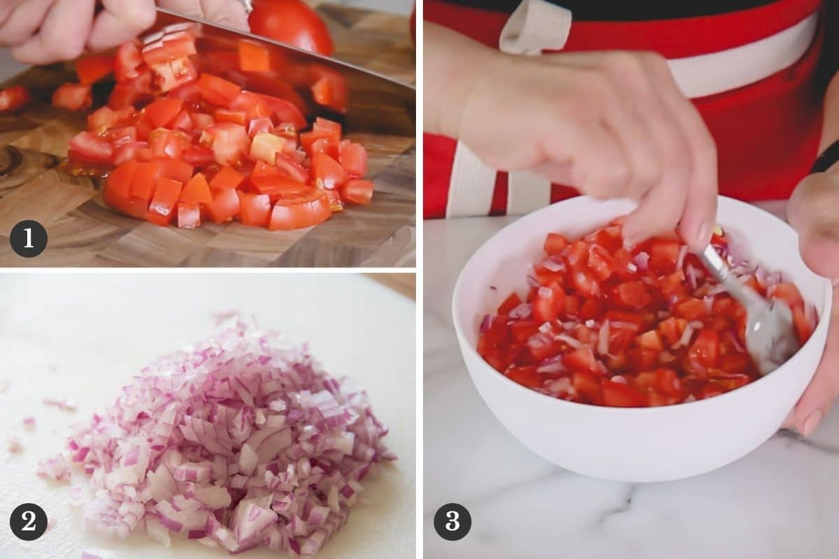 Step by step images of making tomato relish.