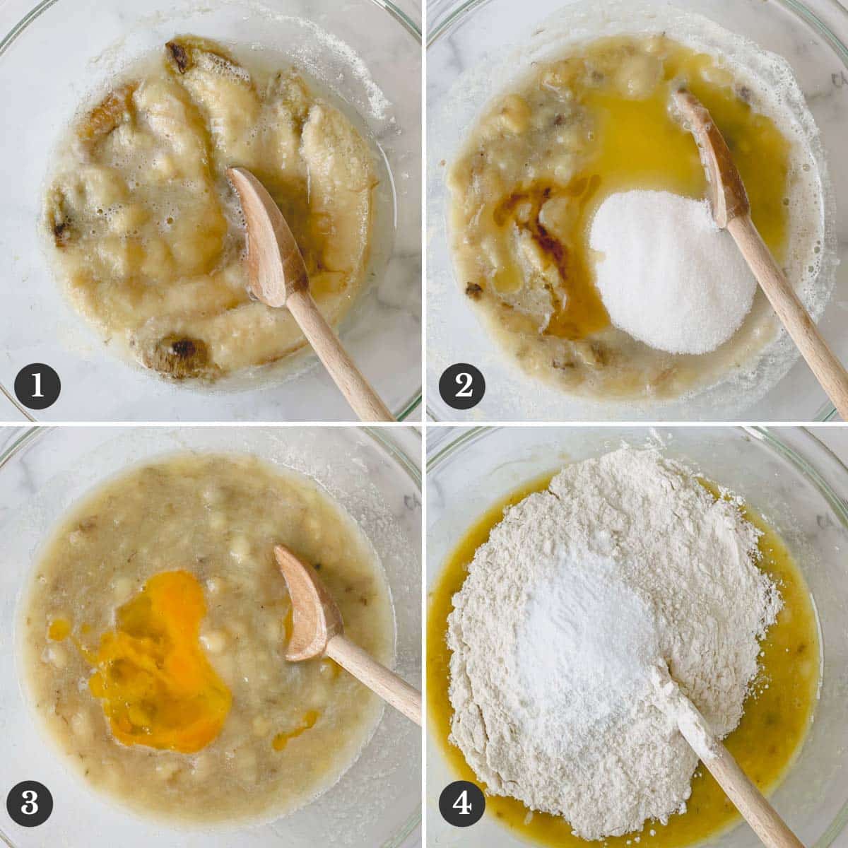 Step by step photos of making the banana bread batter.