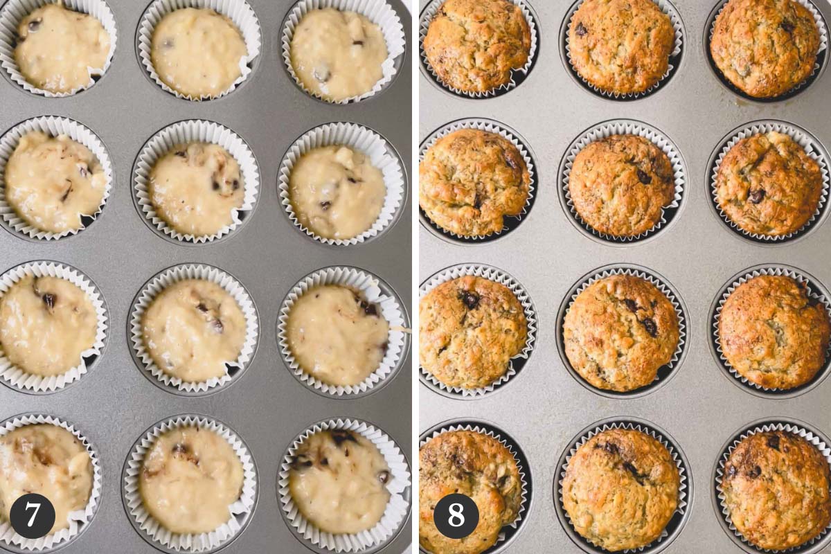 Side by side images of raw and baked banana chocolate chip muffins in muffin pan.