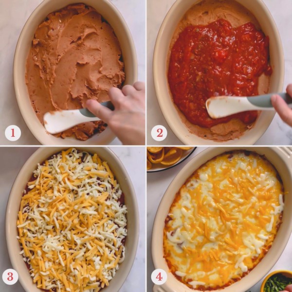 4 step by step images of making bean dip.