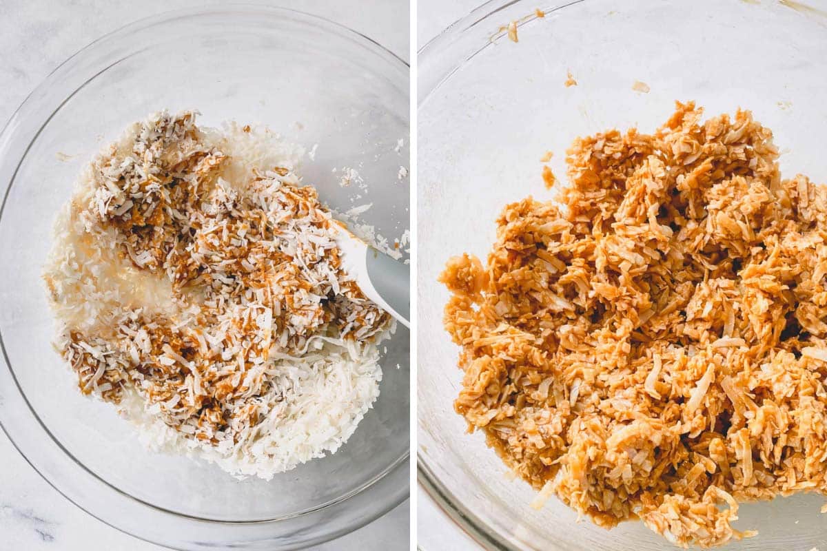Side by side photos of mixing cocadas mixture.