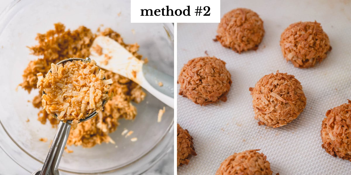 Side by side images of coconut mixture packed in a cookie scoop and baked cocadas.