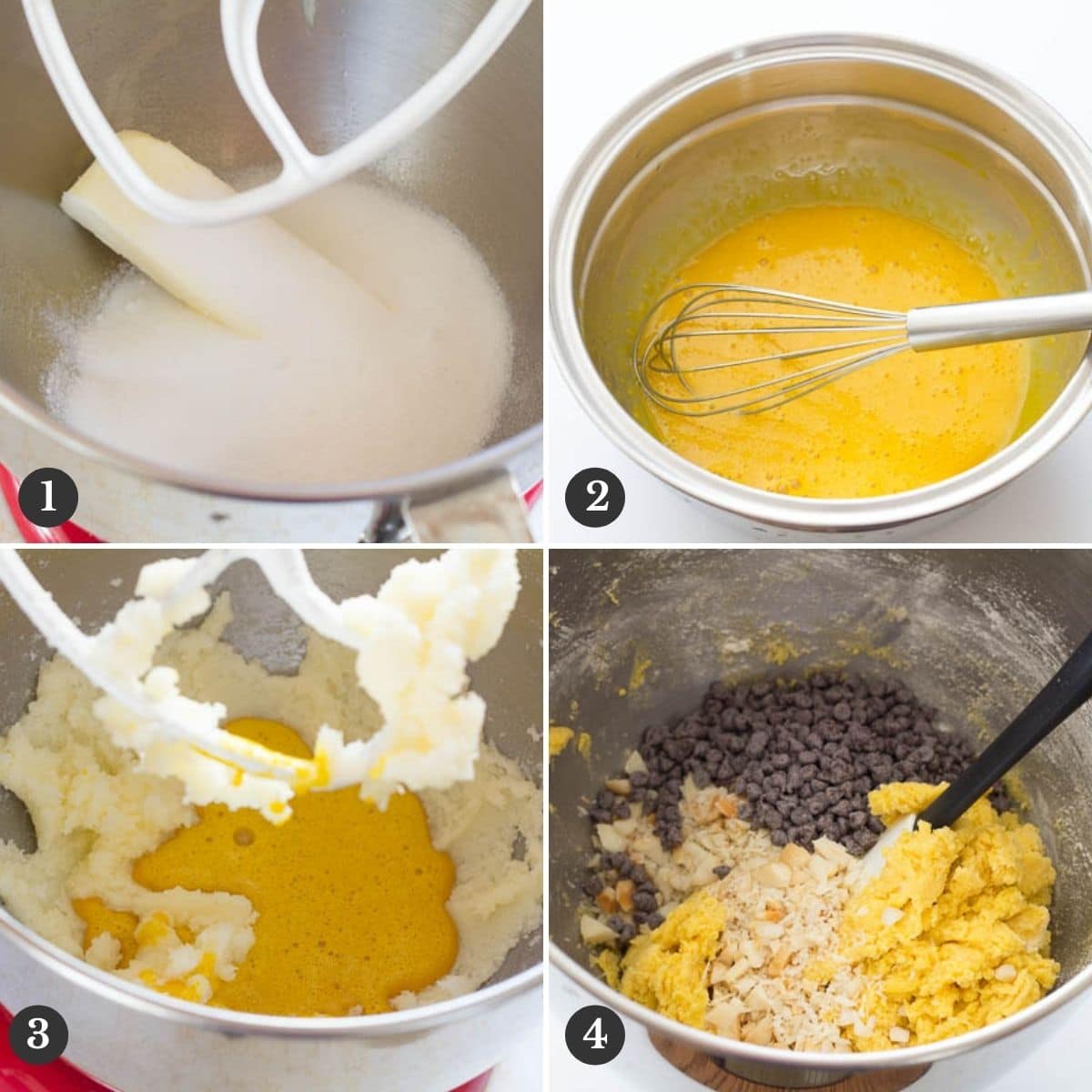 4 step by step images of making the cookie dough.