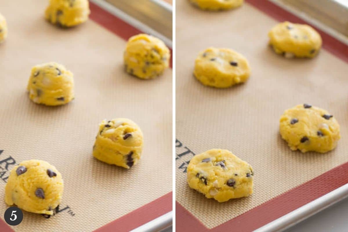 Side by side images of dough balls and flatten cookie doughs on a baking mat.