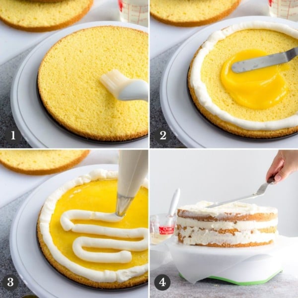 4 step by step photos of assembling the layers of the cake.