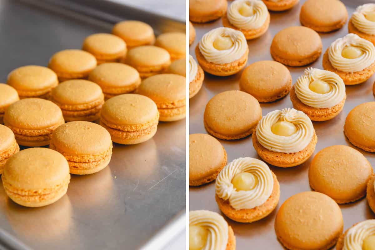 Side by side images of baked macaron shells paired by size and filled with buttercream and lemon curd.