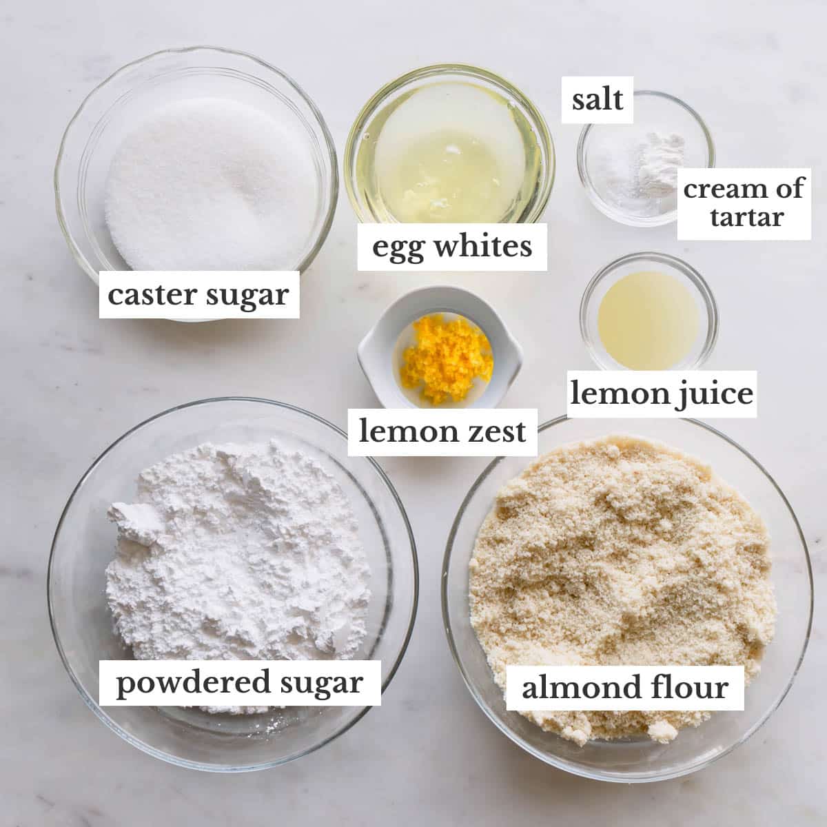 Lemon macaron shells ingredients.