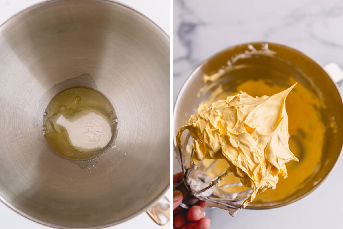 Side by side images of egg whites and sugar in a mixing bowl and yellow meringue at stiff peak stage in a whisk.