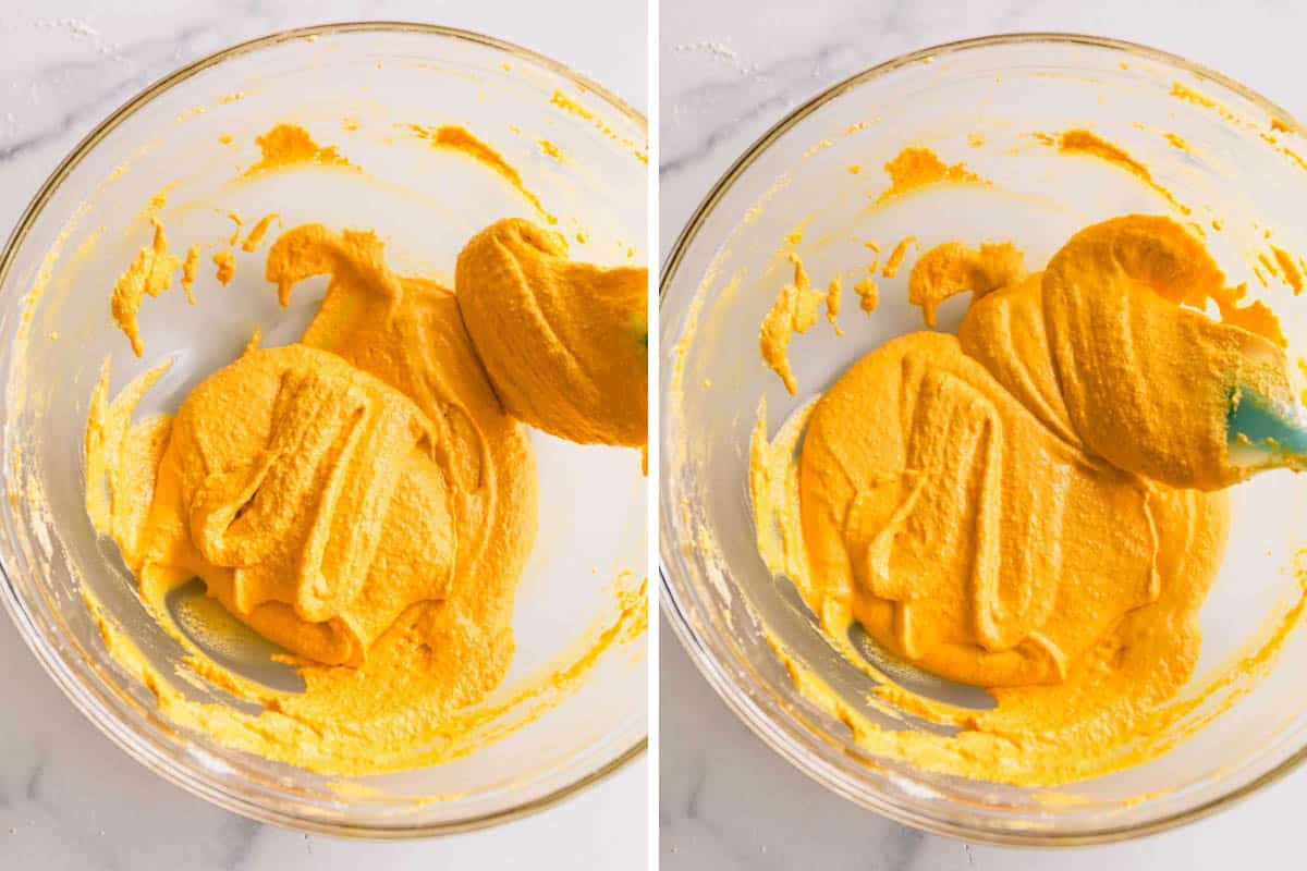 Side by side images of testing macaron batter consistency falled into a ribbon in a bowl.