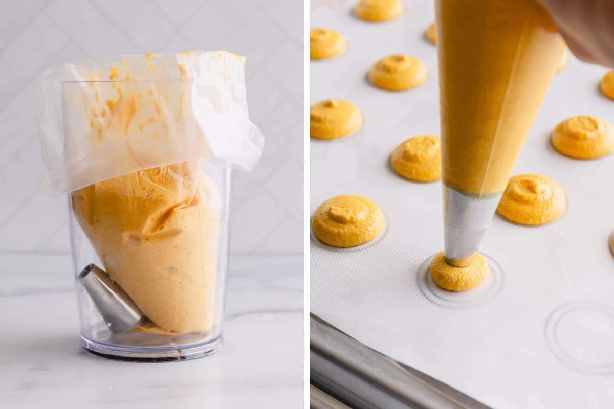 Side by side images of macaron batter in a piping bag and piping macaron shells.