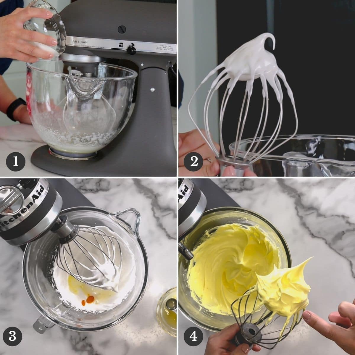 Step by step photos of mixing meringue.
