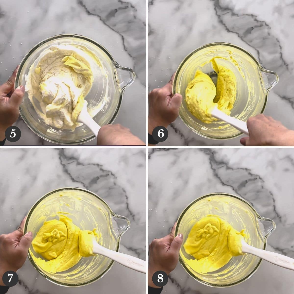 Step by step images of mixing yellow macaron batter.