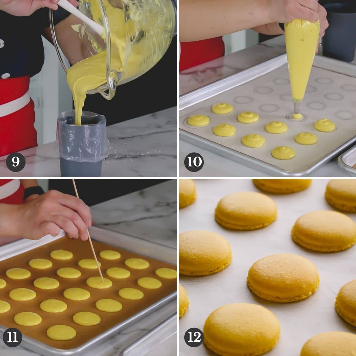 Step by step images of piping macaron shells.