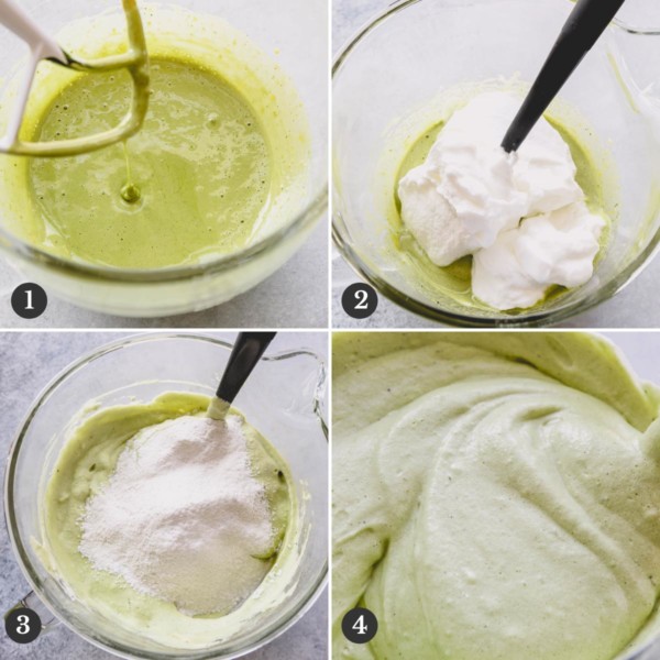 Step by step photos of making the green tea cake batter.