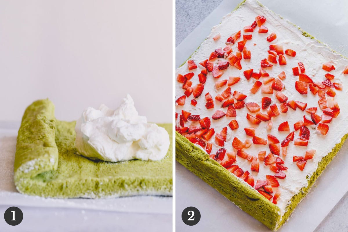 Side by side images of filling matcha sponge cake with whipped cream and chopped strawberries.