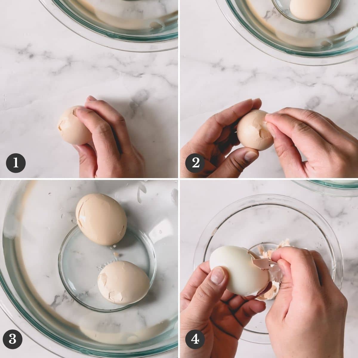 Step by step images of peeling a hard boiled egg.