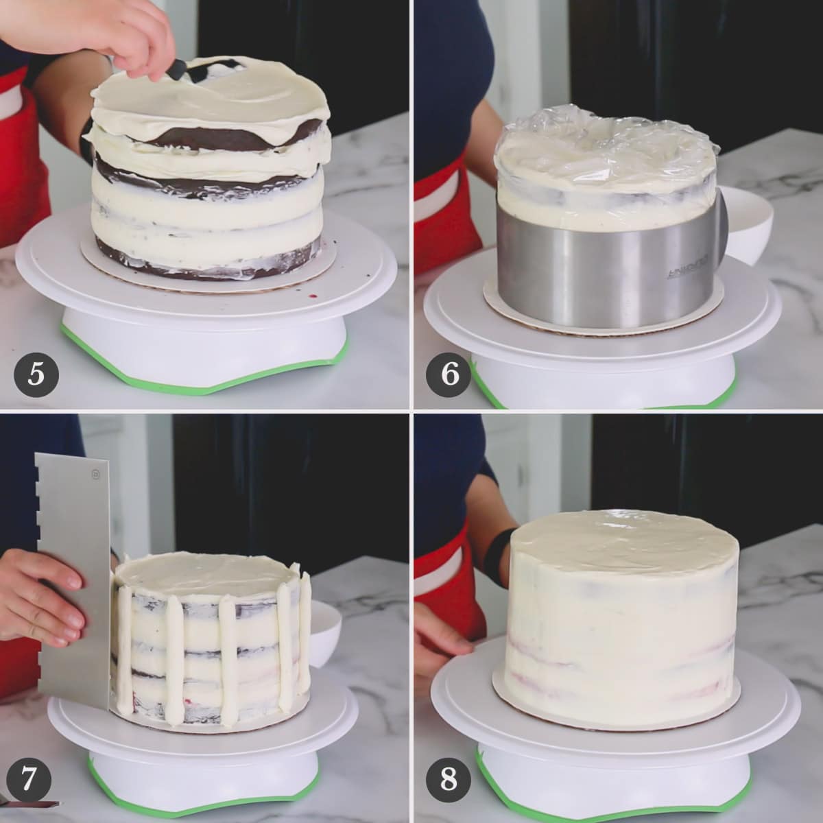 Step by step photos of crumb coating and final frosting of Black Forest Cake.