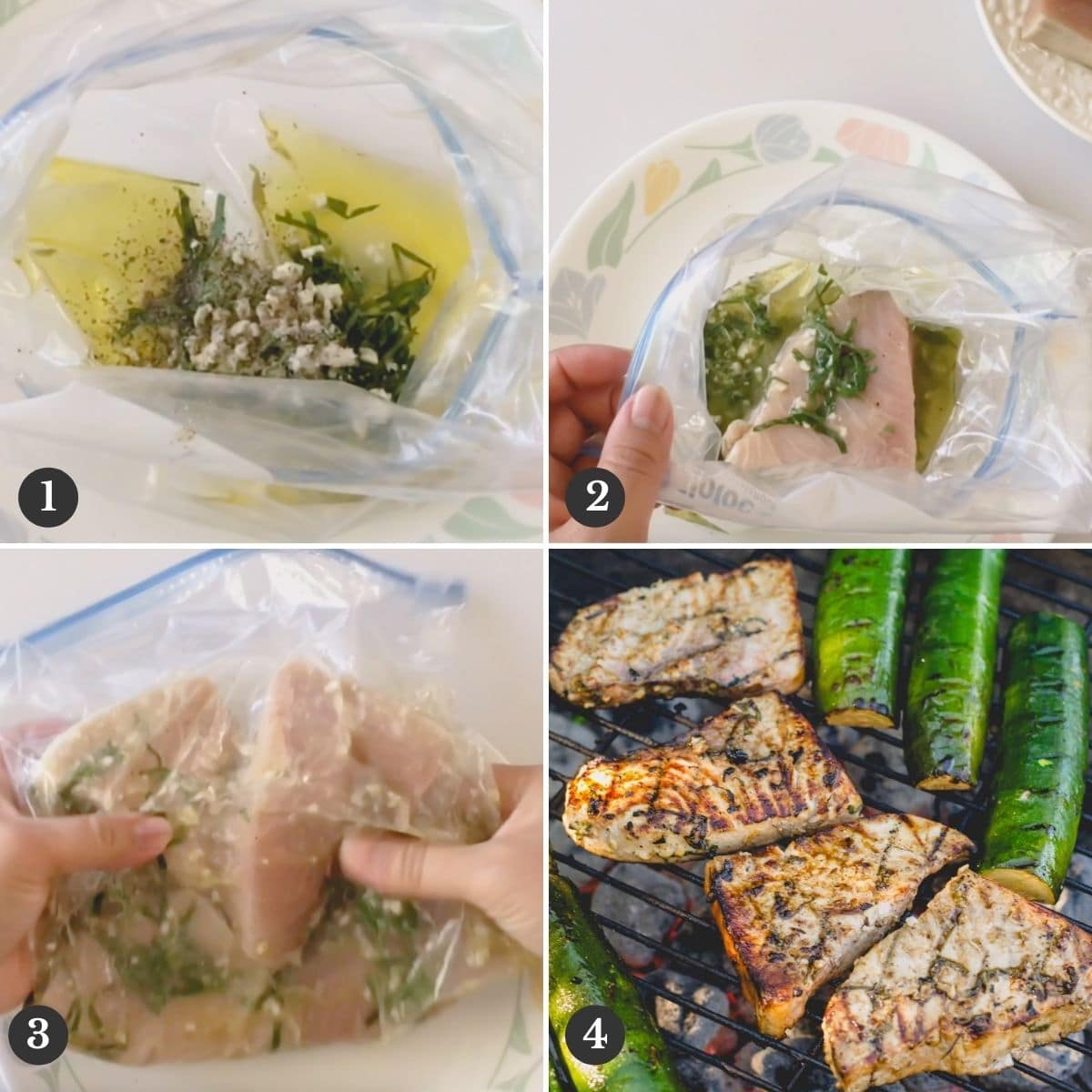 Step by step photos of marinating and grilling swordfish steaks.