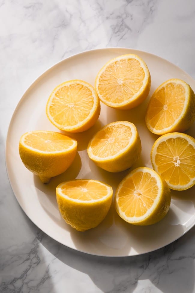 Eight lemon halves on a white plate.