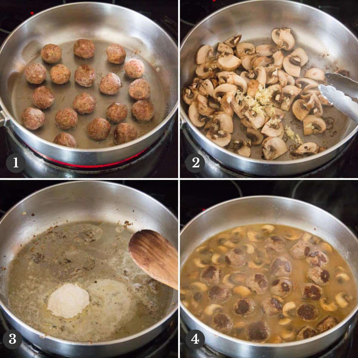 4 step by step photos of making meatballs in mushroom gravy.