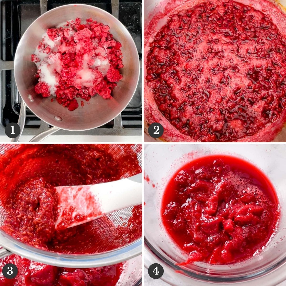 Step by step photos of making raspberry sauce.